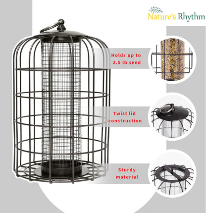 Nature's Rhythm Outdoor Hanging Bird Feeder Cage Mesh Tube Squirrel Proof Wild Bird Feeder with Large Metal Seed Guard Deterrent Green