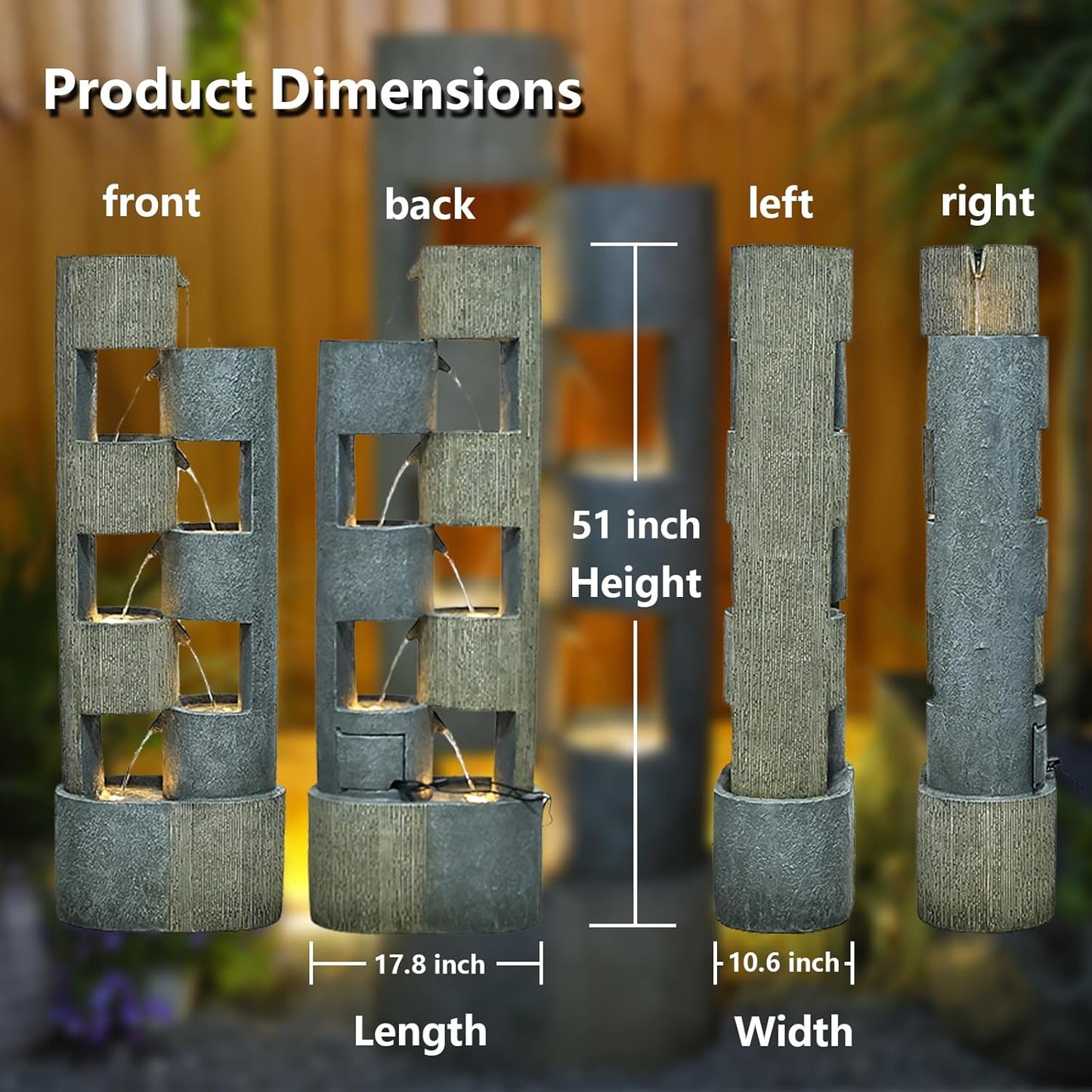 51" Outdoor Water Fountain Uneven Cylinders Waterfalls Fountain Floor Standing Water Fountains with LED Lights, Pump, Natural Stones for Garden, Living Room, Patio