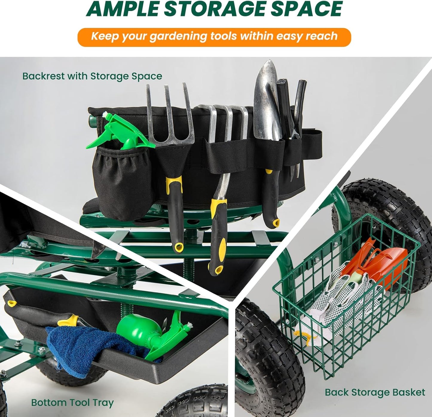 Giantex Garden Cart, Rolling Workseat with 4 Wheels, Tool Tray, Removable Cushion, Storage Basket, 2 Handles, Adjustable Height & 360 Swivel Work Seat, Gardening Stool for Patio Lawn Garden Yard