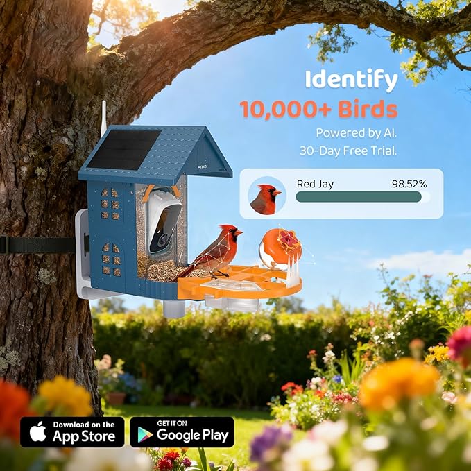 Smart Bird Feeder with Camera Outdoor Birdhouse:AI Identifies 11000+ Species, Features 2K 3MP HD Quality and Arrived Alerts Function,Powered by Dual Solar Panels,Gifts for Bird Lovers, Mom Dad