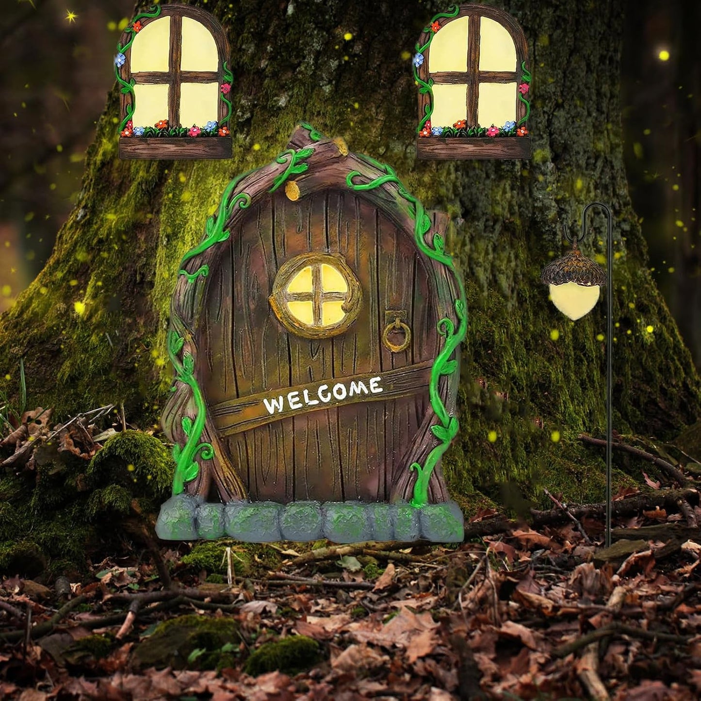 Miniature Fairy Garden Accessories: Glow in The Dark Fairy Door and Windows for Trees, Green Resin Garden Ornament with Lantern