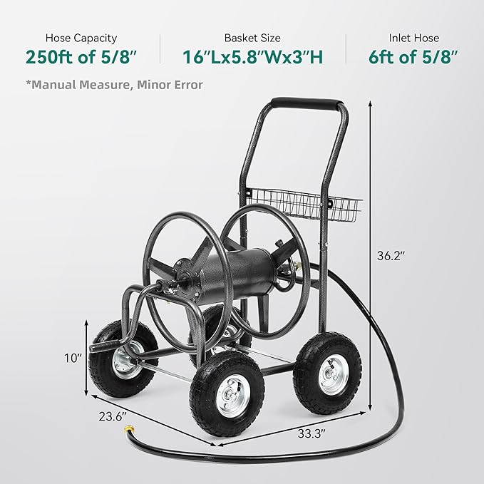 Garden Water Hose Reel Cart - 250 ft. Capacity, 10" Pneumatic Tires, Powder-Coated Steel Frame for Tangle-Free Garden Hose Storage