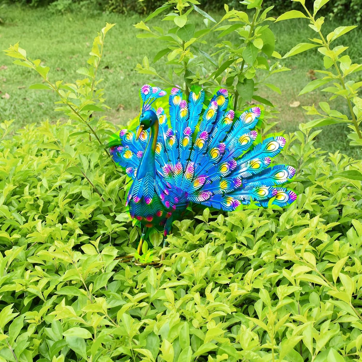 MACLARONX Metal Peacock Garden Yard Art Outdoor Statue Standing Sculpture for Backyard Lawn Patio Home Decorations, 17'' W Multi-Color, Blue-peacock