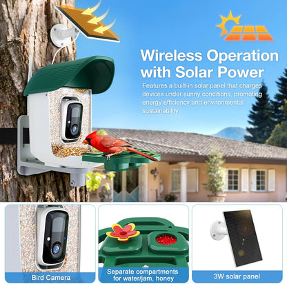 Smart Bird Feeder with 3MP HD Camera & AI Identify, Hummingbird Feeder with Solar Panel, Supports Two-Way Audio, Instant Arrival Alerts, Birdhouses for Outdoors, Gifts for Bird Lovers, Green