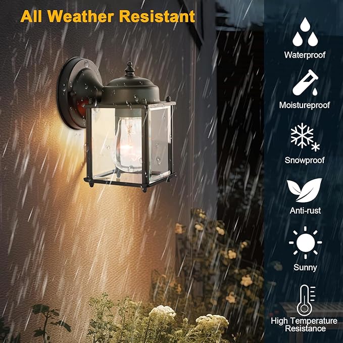 Kalium Outdoor Porch Lights Sconce, Black Exterior Lighting Fixtures Waterproof, Wall Light Fixture with E26 Socket & Glass Shade, Modern Outdoor Lanterns for Patio Front Door