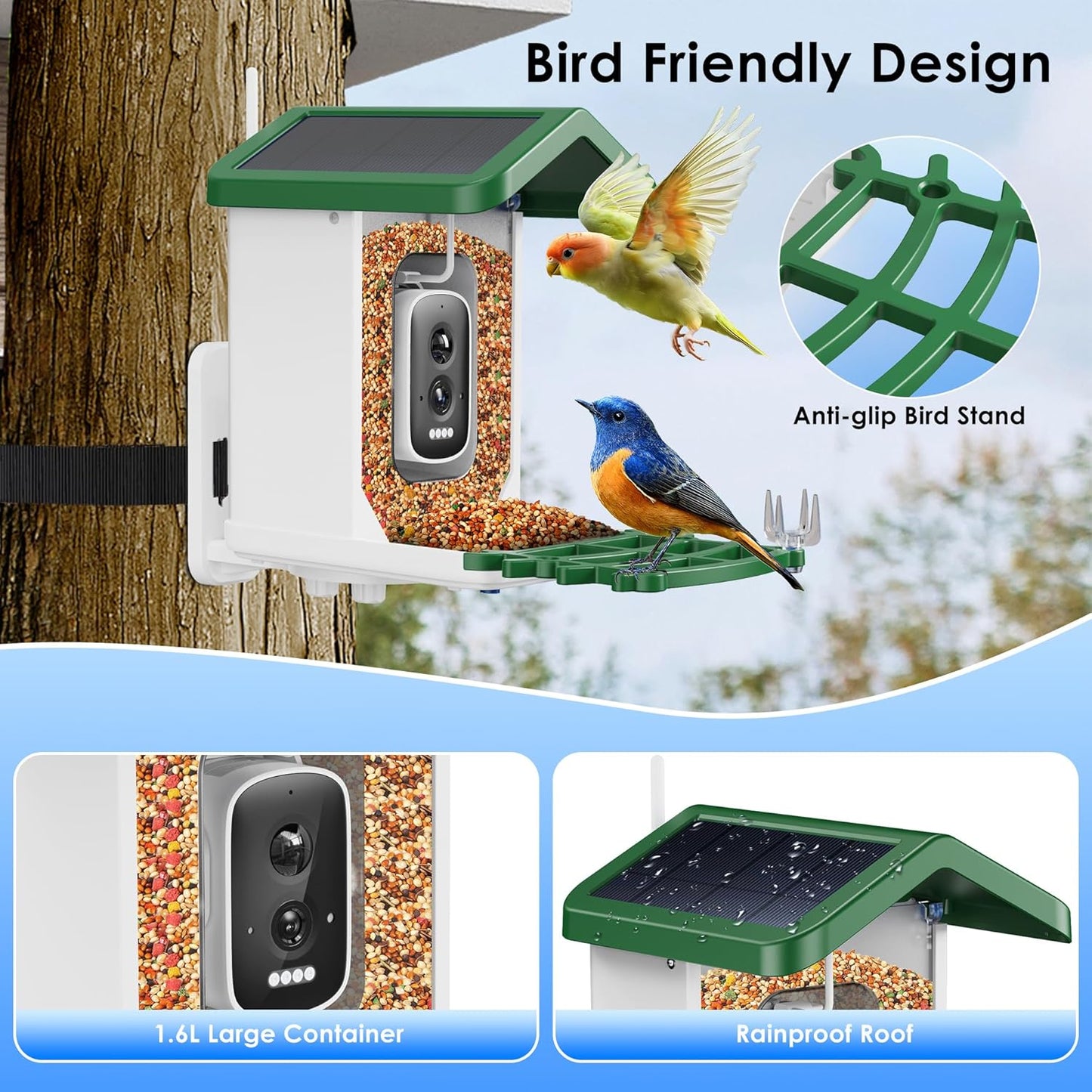Smart Bird Feeder with 2.5K HD Camera – AI Bird Species Recognition, Solar-Powered, Live Alerts & Video Capture, Squirrel-Proof Outdoor Birdhouse, Gift for Nature Lovers