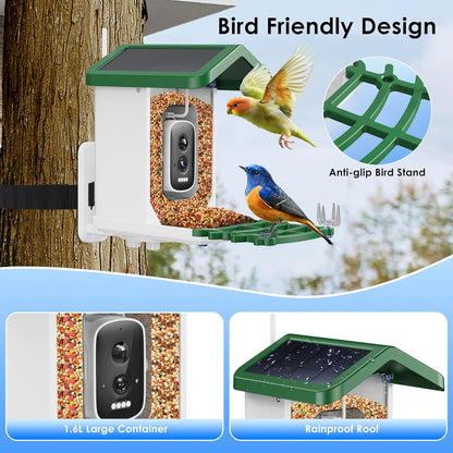 Smart Bird Feeder with 2.5K HD Camera – AI Bird Species Recognition, Solar-Powered, Live Alerts & Video Capture, Squirrel-Proof Outdoor Birdhouse, Gift for Nature Lovers