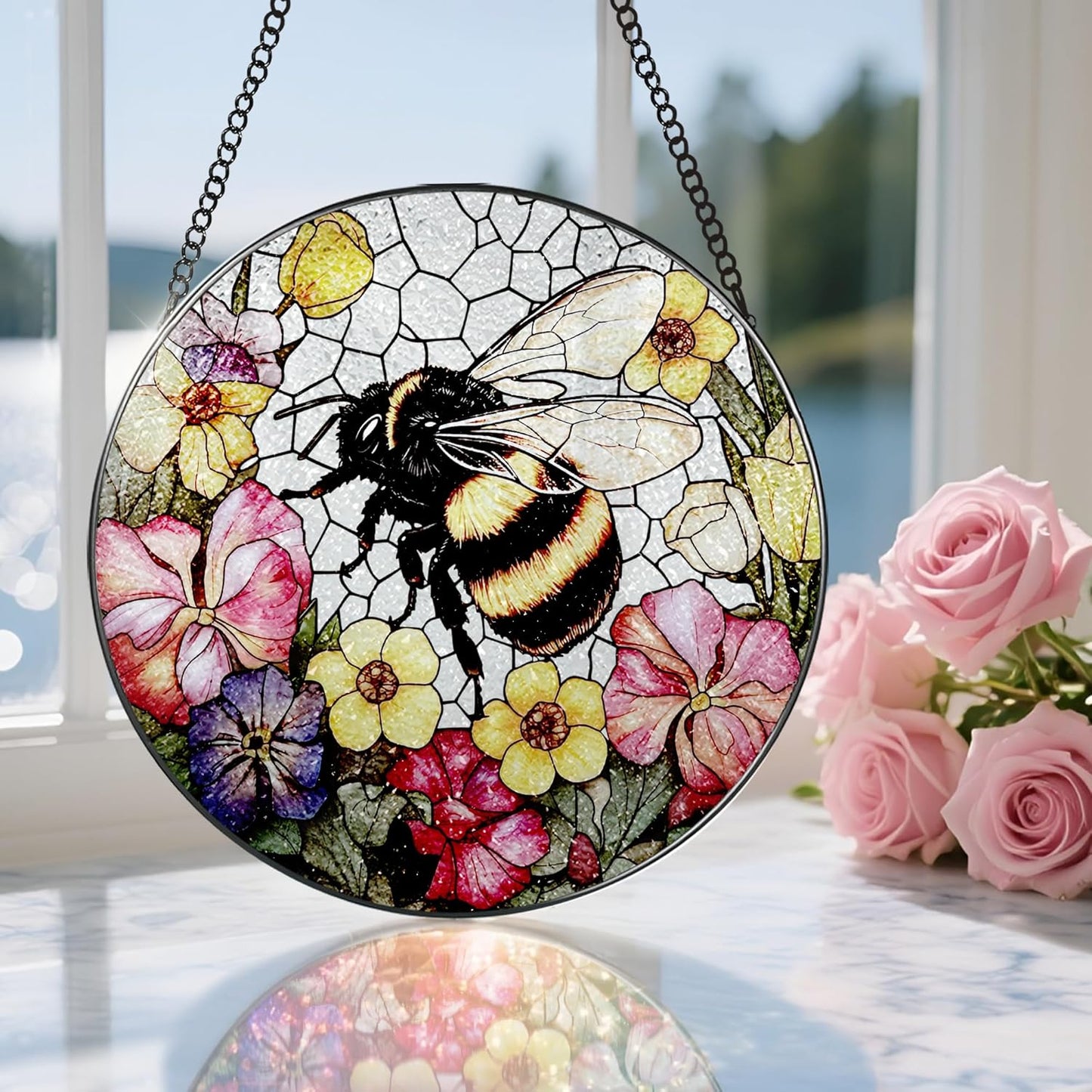 Stained Glass Window Hanging, 8 Inch Bee Stained Glass Ornament, Suncatchers for Windows Hanging, Window Decor, Gift for Garden Lover, Teacher Gift, Holiday, Birthday Gifts for Women Mom and Grandma