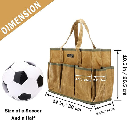 16OZ Waxed Canvas Tool Tote Bag | Large-Capacity Tool Storage Tote with 10 External Pockets | Multi-Purpose Garden Tool Carrier for Gardening, Wrench, and Carpentry Tools – Khaki