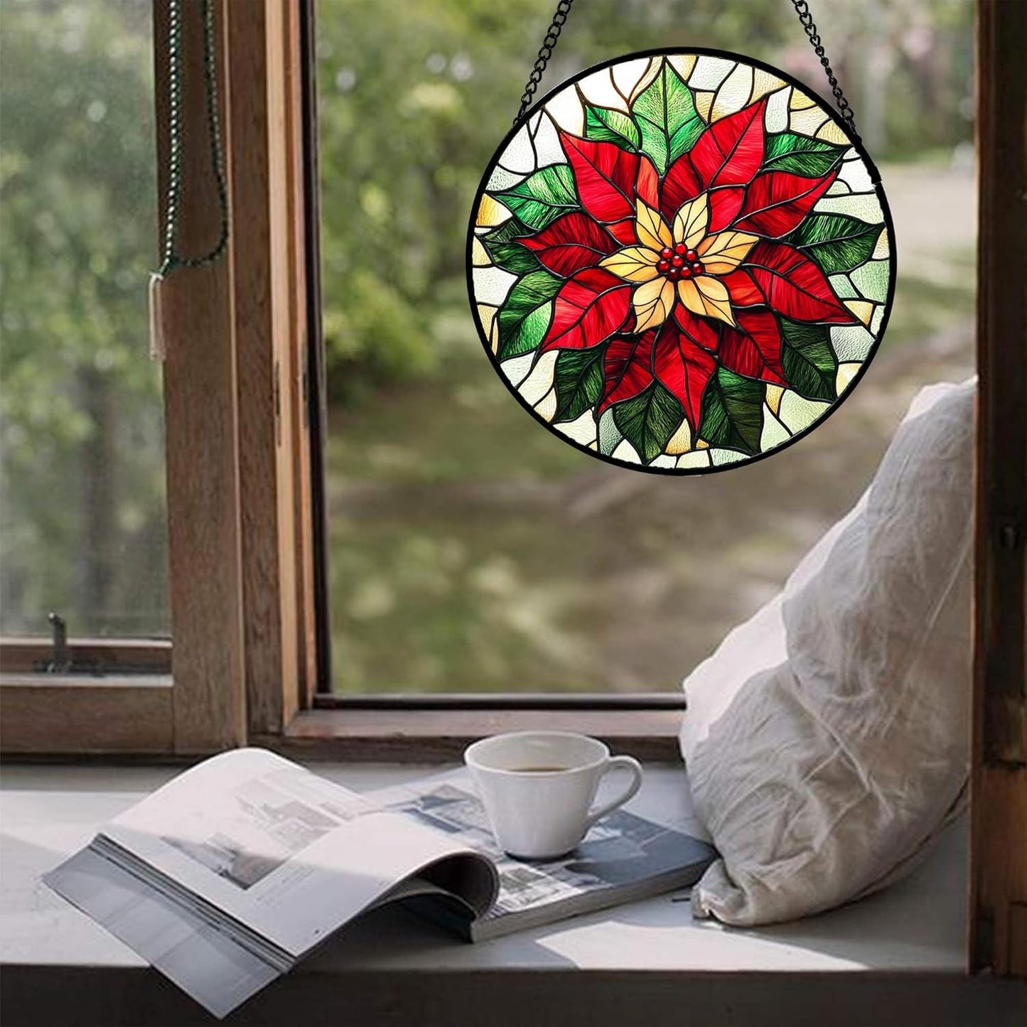 Stained Glass Window Hanging - Red Poinsettia Birth Flower Sun Catcher for Door Garden Home Decor Suncatcher Christmas Mother's Day Birthday Gifts for Women Men Mom Girl Nana Friend 9.8 in