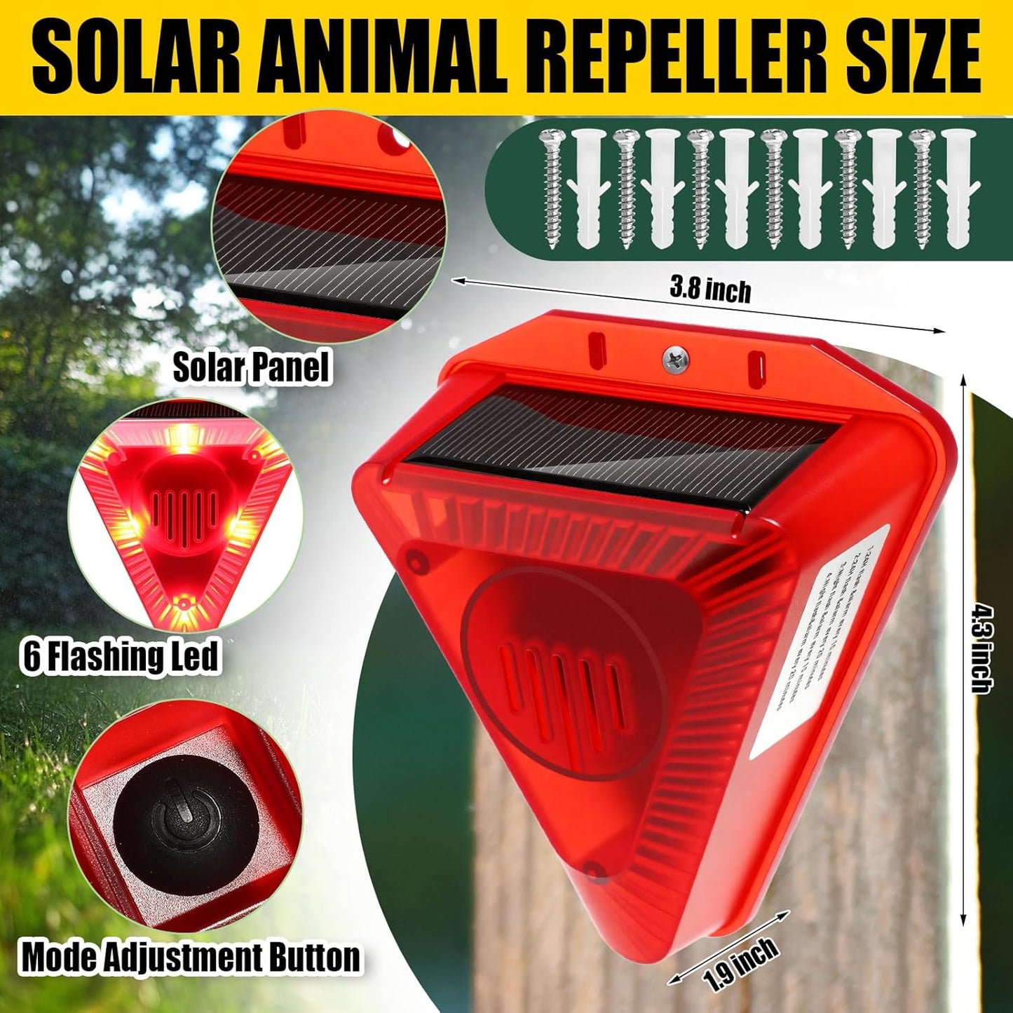 Qualirey 6 Pack Solar Animal Repeller Outdoor Alarm Deterrent Sound Dog Barking Alarm with Red Lights 130db Loud Noise Maker 4 Modes Deer Skunk Raccoon Repellent for Home Villa Yard Farm(Red)