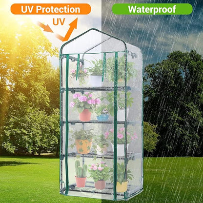 Mini Greenhouse for Outdoors Indoor: Ohuhu Small Green House with 4 Tier Shelves, Portable Plastic Greenhouses with Heavy Duty Transparent PVC Cover for Winter Garden Patio Backyard Porch Balcony