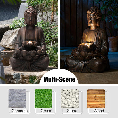 Glitzhome Buddha Fountain with Pump & LED Light, 2 Tier Zen Style Meditating Buddha Water Fountain Outdoor Fountains and Waterfalls Outdoor Buddha Statues for Garden Patio Backyard 28" H