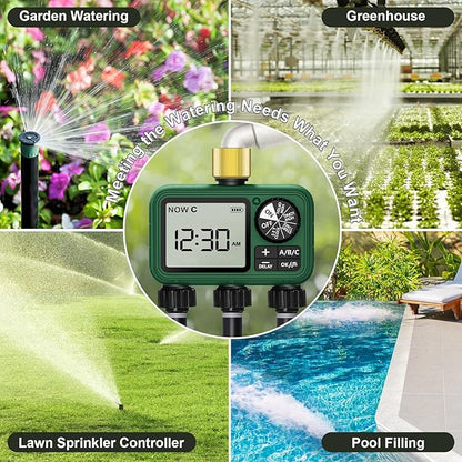 3 Outlet Sprinkler Timer Brass, Programmable Garden Hose Timer with Rain Delay, Manual& Automatic Watering System, Waterproof Gardening Supplies Irrigation Controller for 3 Separate Water Zones