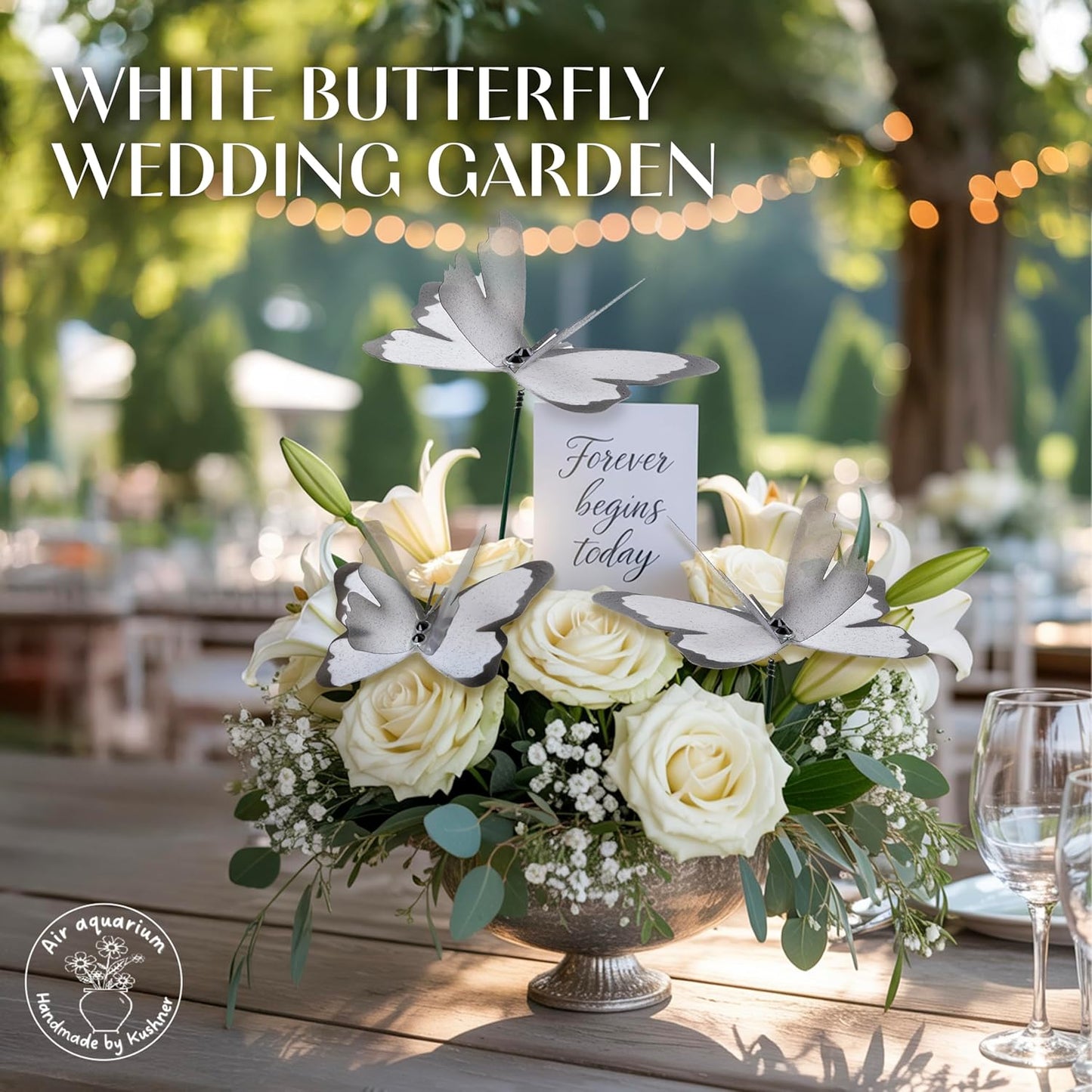 Handmade Butterfly Garden Stakes – Set of 7 White Decorative Butterflies Idea for Garden & Nature Lovers – Outdoor & Indoor Garden Decor – Air Aquarium Handmade by Kushner
