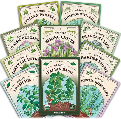 Seedboy Organic Non GMO 10 Herb Variety Pack: Basil, Cilantro Mint Oregano Parsley Thyme Chives Dill Sage Rosemary for Planting Indoor and Outdoor, 5460 USDA Certified Seeds (10 Herb Variety Pack)