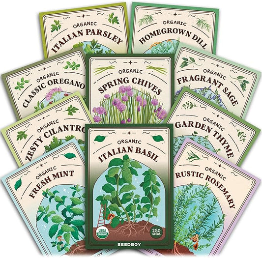 Seedboy Organic Non GMO 10 Herb Variety Pack: Basil, Cilantro Mint Oregano Parsley Thyme Chives Dill Sage Rosemary for Planting Indoor and Outdoor, 5460 USDA Certified Seeds (10 Herb Variety Pack)