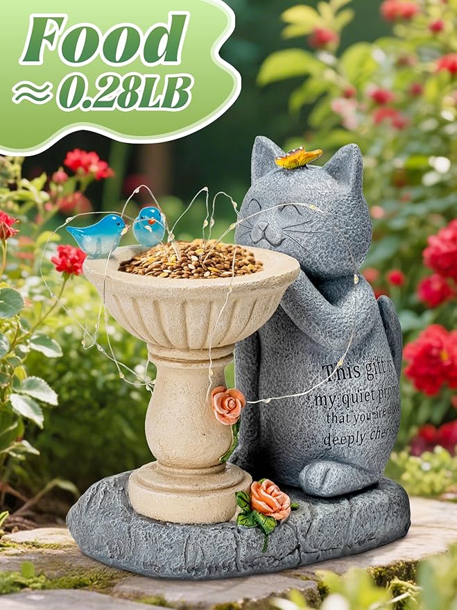 Garden Decor Cat Birdbath Statues, Solar Statues Decor with Butterfly Garden Decor for Home House, Yard Art Lawn, Ornaments, Porch Patio, Balcony - Birthday Gifts for Grandma Mom Women