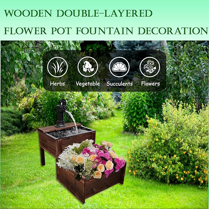 Outdoor Water Fountain，Floor Wooden Rectangular Double-Layer Old-Fashioned Pump Fountain with Flower Box，Plug-in Electric Decorative Hand Pump,Outdoor Water Feature for Garden Patio Backyard