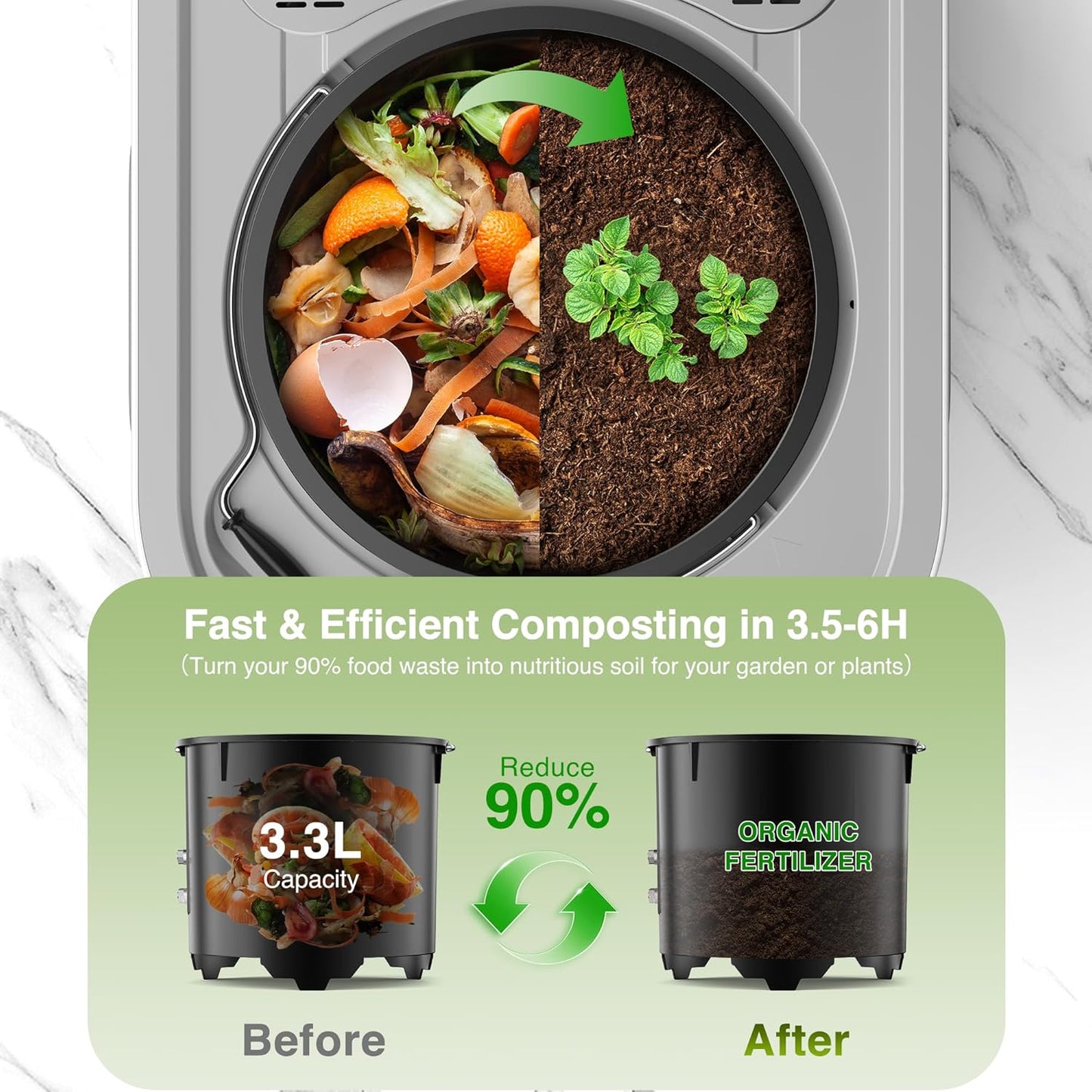 3.3L(Max) Electric Composter for Kitchen, Smart Countertop Compost Bin with Low Noise, Odorless, Auto Self-Cleaning, LED Display, Turns Food Waste to Fertilizer for Home