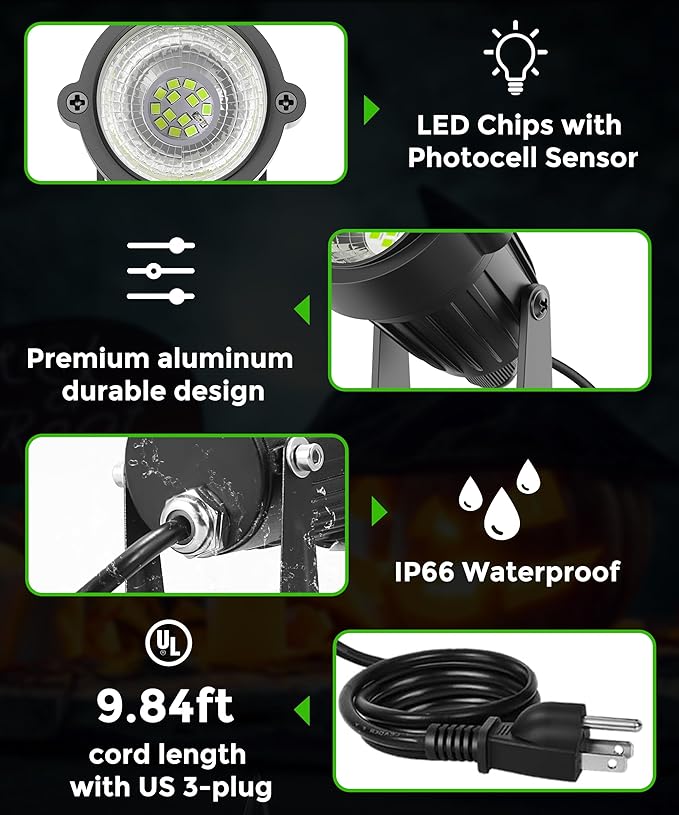 LOHAS Landscape Green Christmas Spot Lights Outdoor, 10W Dusk to Dawn Sensor LED Spotlights for Yard, IP66 Waterproof Pathway Garden Outside Lights, 9.84ft Cord, Green Lawn Decor Lamp, UL Listed,2Pack