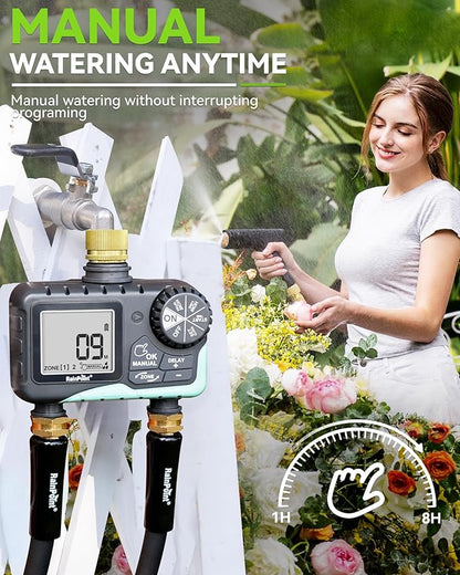 RAINPOINT Water Timer for Garden Hose - Sprinkler Timer with Brass Swivel - Rain Delay/Manual Watering/Automatic Irrigation Programmable Faucet for Yard, 2 Outlet