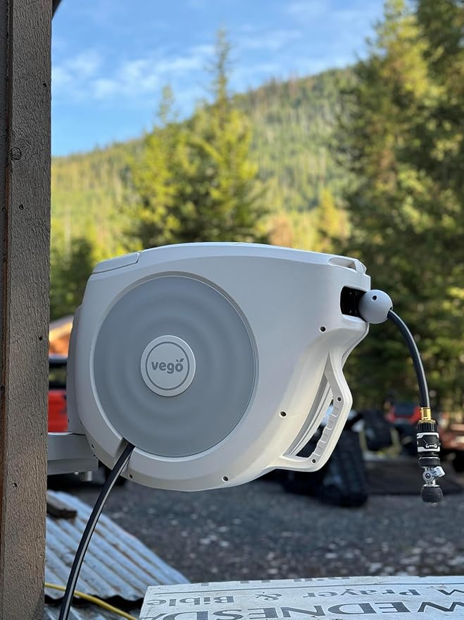 Garden Hose Reel Retractable 1/2" x 65ft Wall Mounted Hose Reel Automatic Rewind, Any Length Lock with 9 Patterns Sprayer Nozzle, Quick Connector and Adjustable shot Nozzle- Cloud White