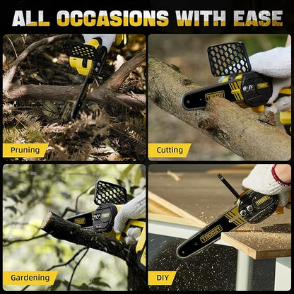 Mini Chainsaw Cordless 6 Inch 3000mAh Battery Powered Electric Brushless Handheld Chain Saws, Up To 100minX2 21V, Saw Pruning Shears Chainsaw for Tree Branches,Courtyard,Household and Garden