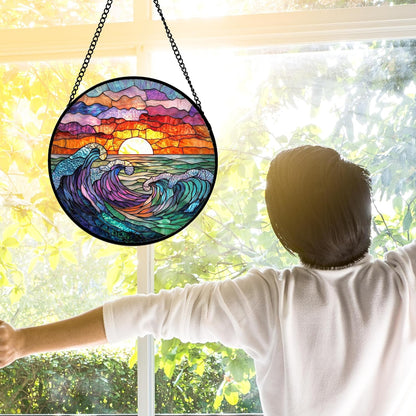 Stained Glass Window Hanging, Clouds and Sea Waves Suncatcher Diamond Glass Panel Hangings Scenery Sun Catchers Decor for Birthday for Women, Men, Wife, Aunt, and Mom 11.8 in