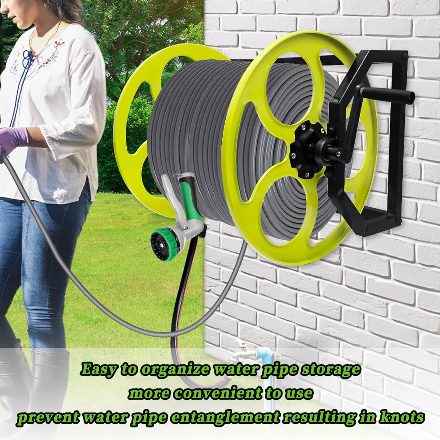 Garden Hose Reel Heavy Duty ，for 5/8" Hose Reel with Crank Handle Retractable, Wall/Floor Mount Metal Hose Reel, Holds up to 400-Feet. (With 5 FT Hose included)