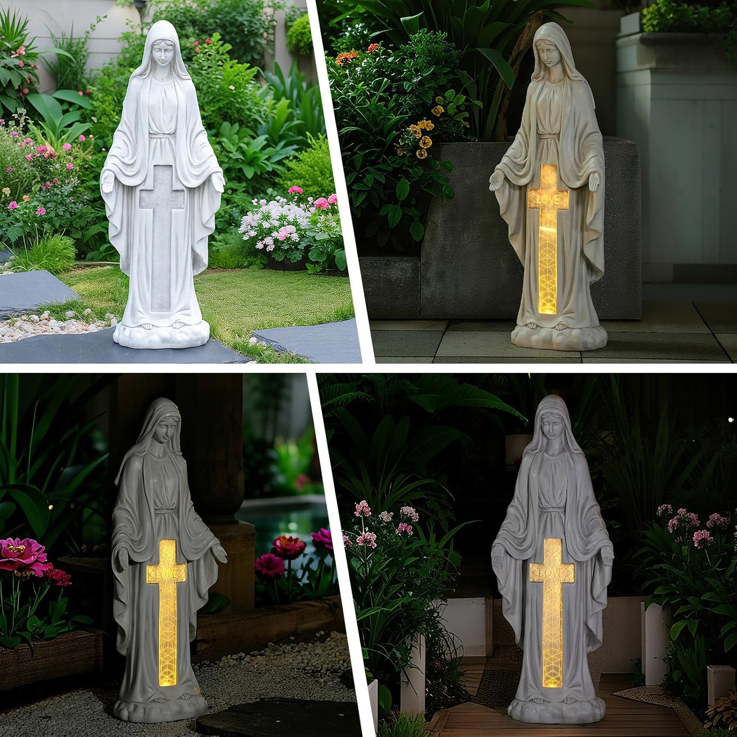 Solar Virgin Mary Praying Statue 27.9 Inch- Outdoor Religious Garden Decor with LED Lights, Weather-Resistant Magnesium Oxide Sculpture for Yard, Patio, Entryway （White Solar Virgin Mary）