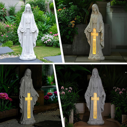 Solar Virgin Mary Praying Statue 27.9 Inch- Outdoor Religious Garden Decor with LED Lights, Weather-Resistant Magnesium Oxide Sculpture for Yard, Patio, Entryway （White Solar Virgin Mary）