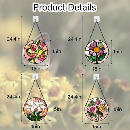 Stained Glass Window Hanging 4 Pcs Set Pink Floral Theme Large 15" - Flowers Suncatcher Door Garden Sun Catcher Decor Birthday Christmas for Mom Woman Nana Men Friend