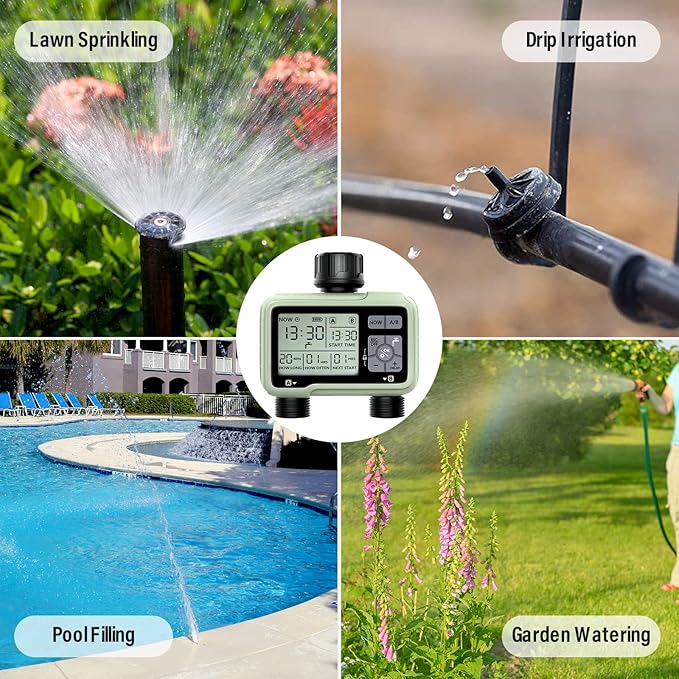 SOYUS Programmable Outdoor Garden Hose Timer with Rain Delay/Manual/Automatic Watering System, Waterproof Digital Irrigation Timer for Lawns, Yard and Pool, 2 Outlet