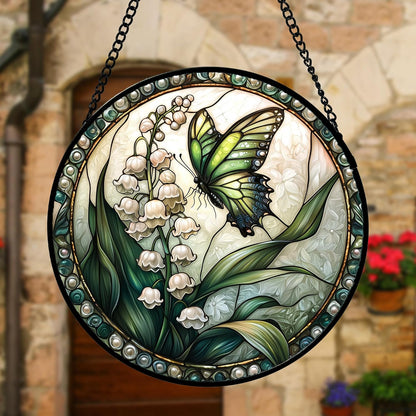 Stained Glass Window Hanging, Lily of The Valley Flower Butterfly Suncatcher for Doors Home Sun Catchers Decoration and Christmas, Mother's Day Birthday Gifts for Women, Men, Mom 7.8 in
