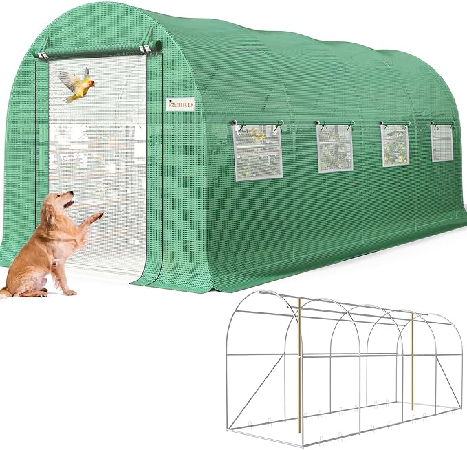 KING BIRD Premium 15x6.6x6.6FT Greenhouse for Outdoors, Large Walk-in Upgraded Galvanized Metal Frame, Mesh Door Screen Window Improved Zipper Tunnel Hoop for Garden Plant Winter, 2 Stiffeners, Green