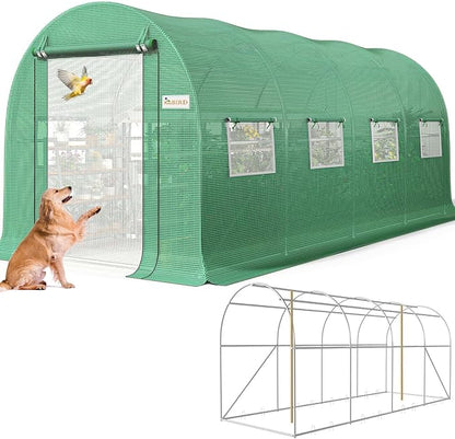 KING BIRD Premium 15x6.6x6.6FT Greenhouse for Outdoors, Large Walk-in Upgraded Galvanized Metal Frame, Mesh Door Screen Window Improved Zipper Tunnel Hoop for Garden Plant Winter, 2 Stiffeners, Green