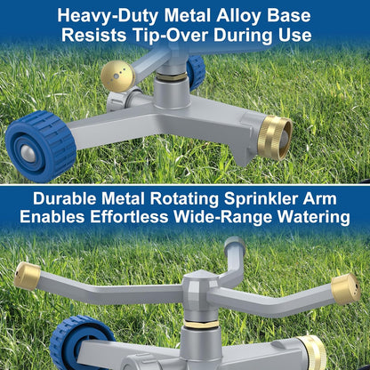 Sprinklers for Yard, 3-Arm Metal Sprinkler with Wheel Base, 360-degree Automatic Rotary Lawn Sprinkler System for Garden Yard