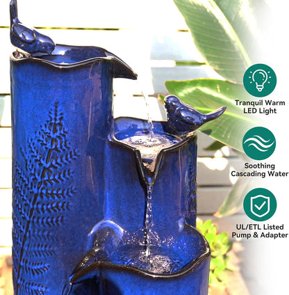 32" H Ceramic Outdoor Water Fountain with LED Lights, 4-Tier Vase Outdoor Fountain, Cobalt Blue Glaze, Embossed Fern Pattern, Cascading Waterfall for Tranquil Garden, Patio, or Porch