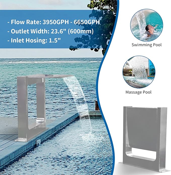 180° Rotating 304 Stainless Steel Waterfall Spillway, Swimming Pool & Garden Cascade Waterfall Fountain with Adjustable Spray Direction and Angle for Upscale Resorts, Luxury Residences
