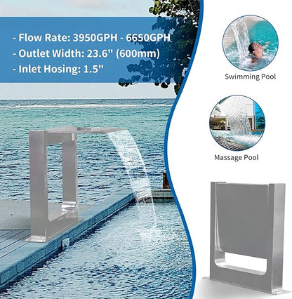 180° Rotating 304 Stainless Steel Waterfall Spillway, Swimming Pool & Garden Cascade Waterfall Fountain with Adjustable Spray Direction and Angle for Upscale Resorts, Luxury Residences