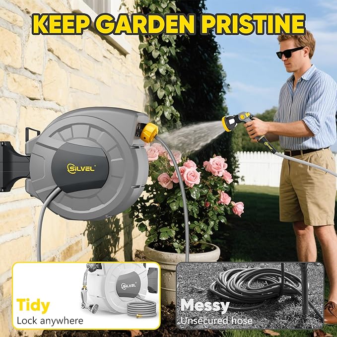 SILVEL 1/2 in x 110 FT Retractable Garden Hose Reel, UV Resistant Heavy Duty Automatic Hose Reel Wall Mount with 10 Pattern Nozzle, Any Length Lock & Slow Return System, 180°Swivel Bracket, Yellow