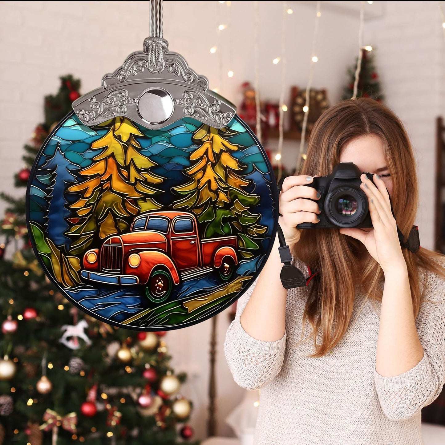 Red Truck Christmas Stained Glass Ornament - Home Decoration Gift for Xmas