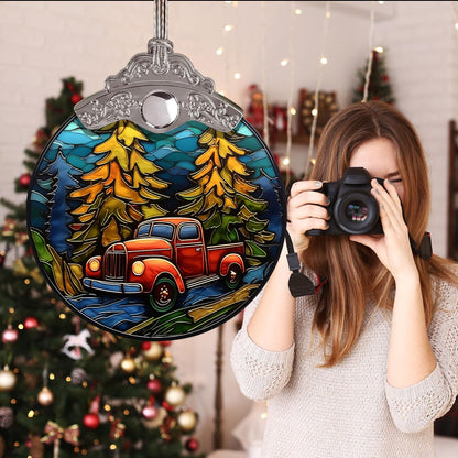 Red Truck Christmas Stained Glass Ornament - Home Decoration Gift for Xmas