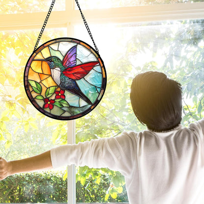 Stained Glass Window Hanging, Hummingbird Gifts Sun Catchers Diamond Glass Panel Hangings Birds Suncatcher Decor for Birthday for Women, Men, Wife, Aunt, and Mom 9.8X9.8IN