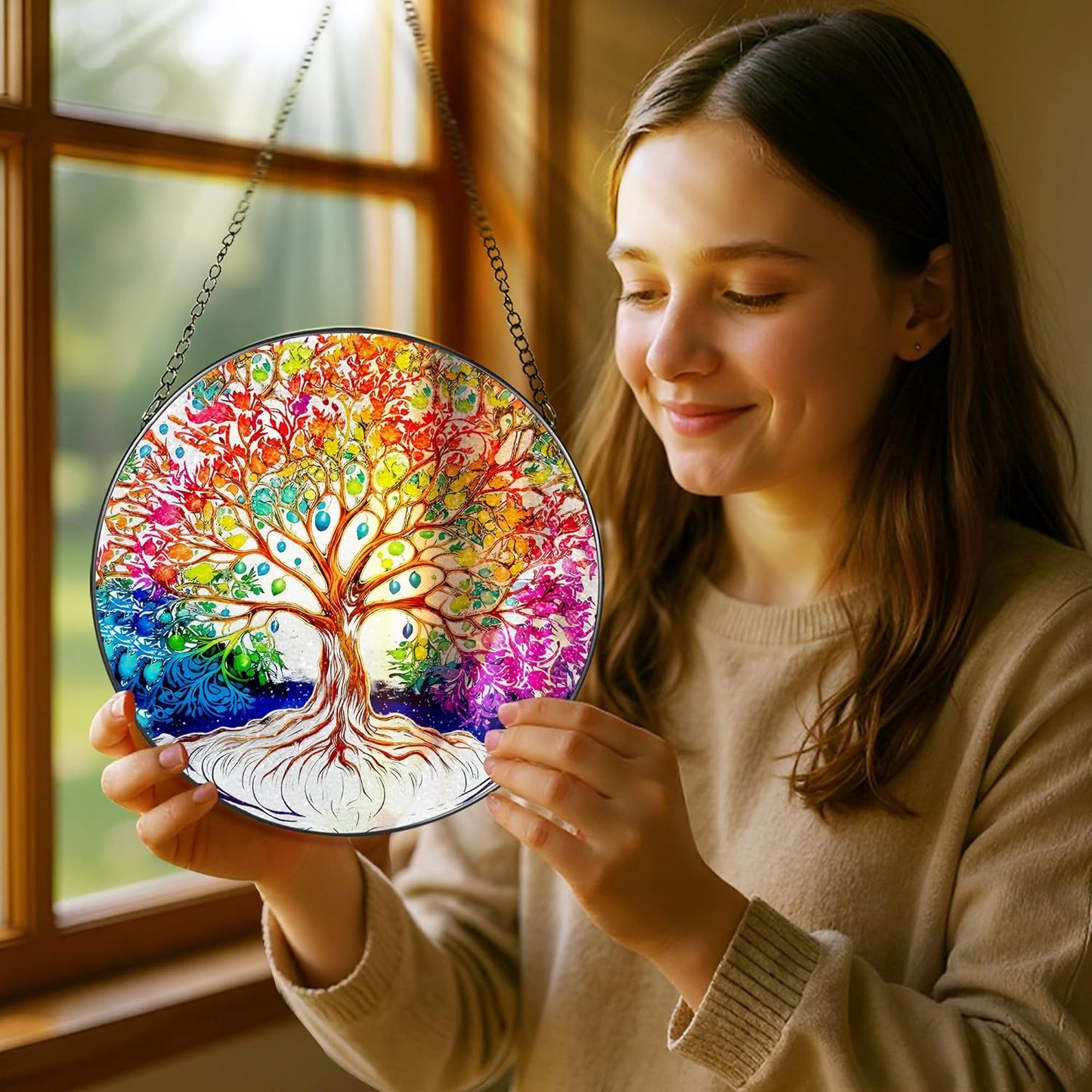 Stained Glass Window Hanging, Pauyadu Tree of Life Sun Catchers Indoor Window, Tree of Life Suncatcher Decor Gifts for Women, Mom, Grandma, Elder, Family and Friends- 8 Inch