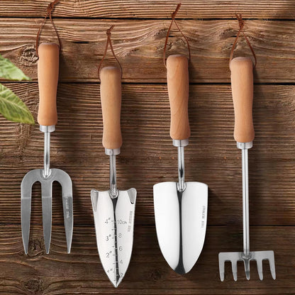 Heavy Duty Garden Tool Set, Stainless Steel Graduated Shovel, Hand Fork, Hand Rake, Transplant Shovel with Scale, 4Pcs Heavy Duty Hand Tools Set for Garden Planting (Garden Hand Tool Set)