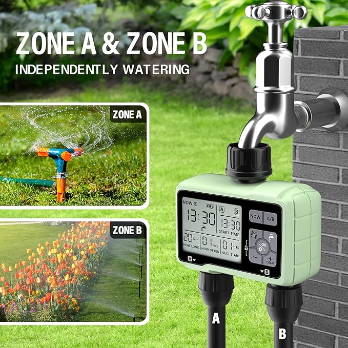 SOYUS Programmable Outdoor Garden Hose Timer with Rain Delay/Manual/Automatic Watering System, Waterproof Digital Irrigation Timer for Lawns, Yard and Pool, 2 Outlet