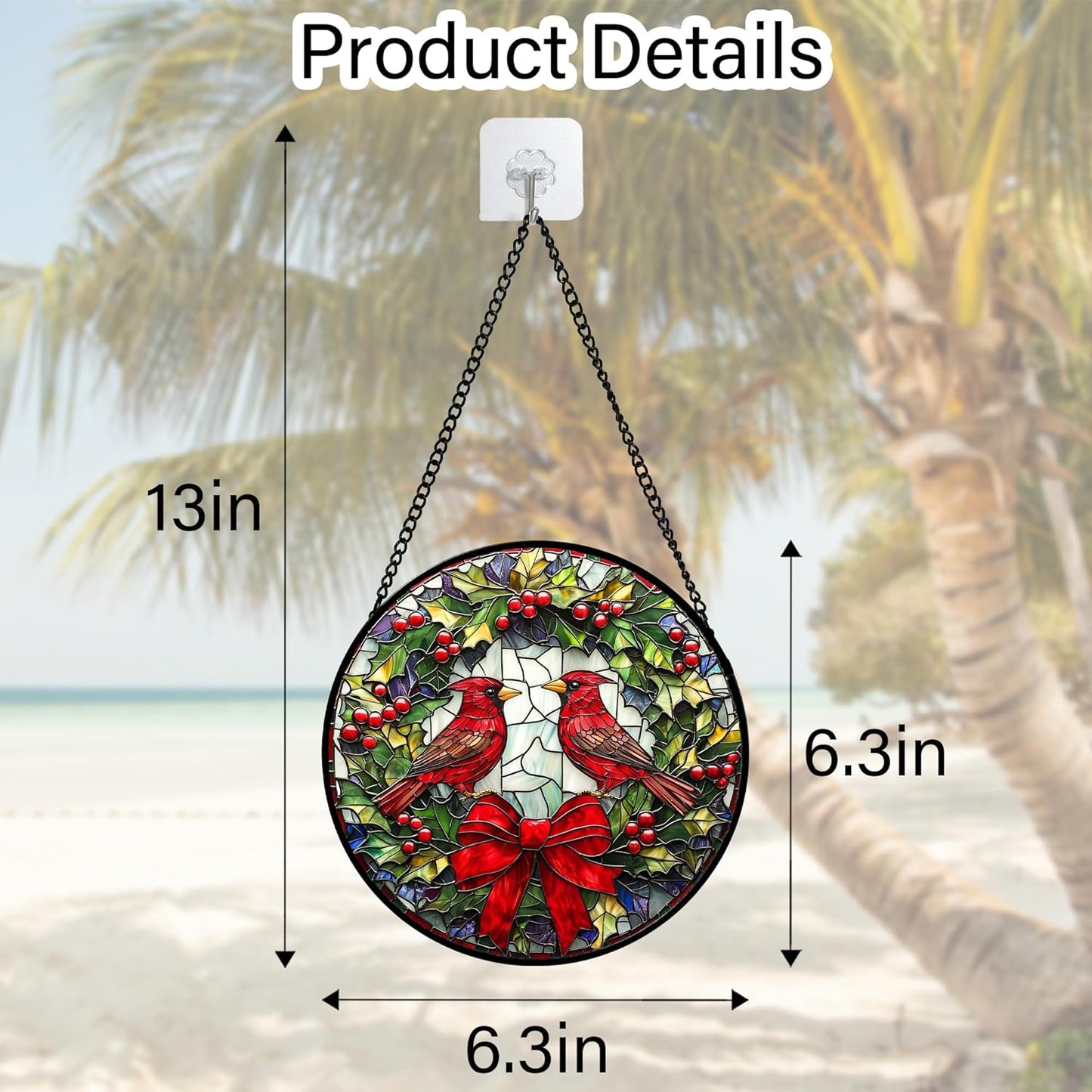 Stained Glass Window Hanging - Cardinals Green Wreath Suncatcher for Doors Home Christmas Decoration Red Bird Sun Catcher Thanksgiving New Year Birthday Gift for Women Men Mom Nana 6.3 in