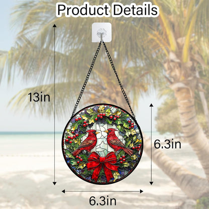 Stained Glass Window Hanging - Cardinals Green Wreath Suncatcher for Doors Home Christmas Decoration Red Bird Sun Catcher Thanksgiving New Year Birthday Gift for Women Men Mom Nana 6.3 in